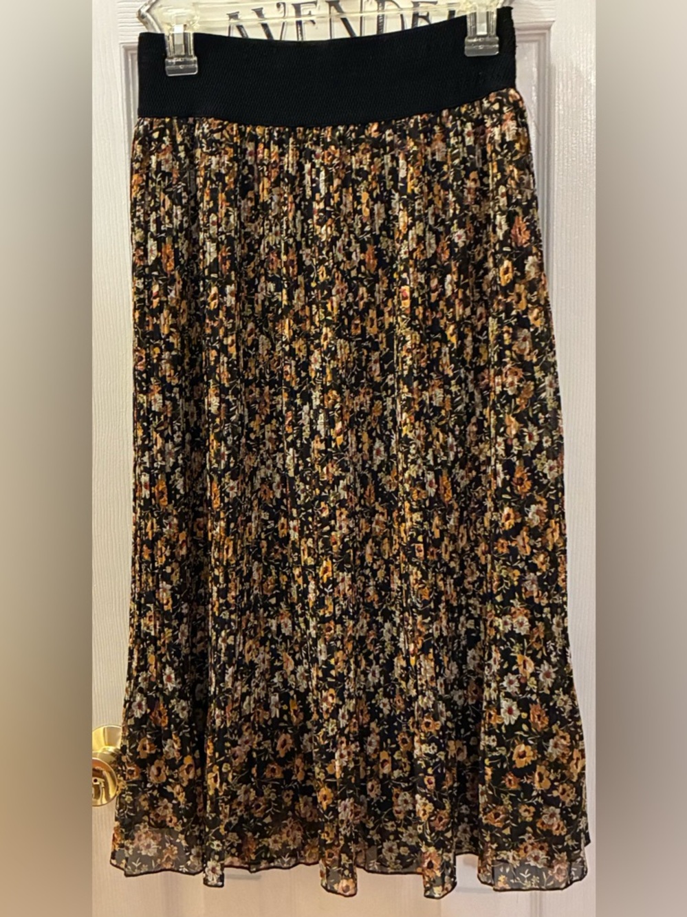 Metro Wear Black Floral Pleated Midi Skirt with Golden, Green & Cream Flowers